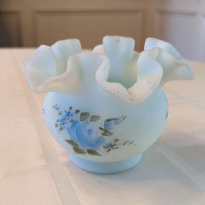 Fenton Ruffled Satin Glass Vase with Blue Flowers